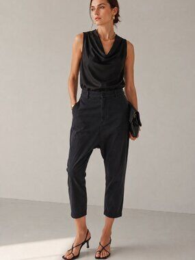 Nili Lotan 10 Paris Pants $345 Cotton Drop Crotch Crop Slouchy Washed Black Blue